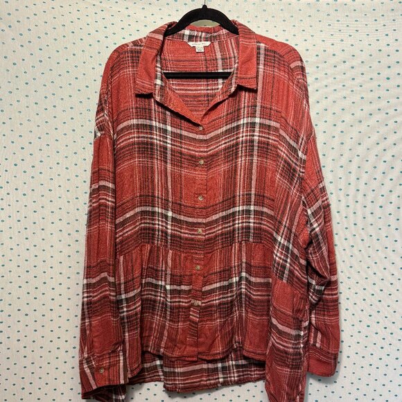 American Eagle Plus Size Oversized Pink White & Black Plaid Button Up Shirt - Picture 1 of 4
